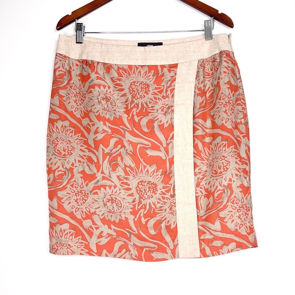 Debbie Shuchat Coral/Gray Floral Pale Tan Linen Wrap Midi Skirt Size 12